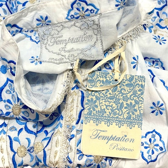 Temptation Positano Fella Embroidered Metallic Puff Sleeve Short Dress M NWT - Picture 8 of 10